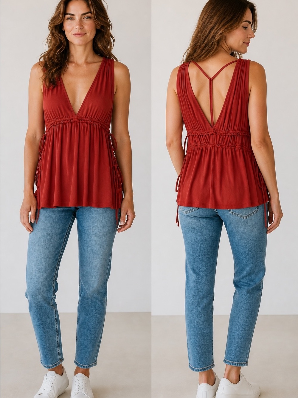 Free People Rust V-Neck Sleeveless Tank with Smocked Waist and Pit to Pit